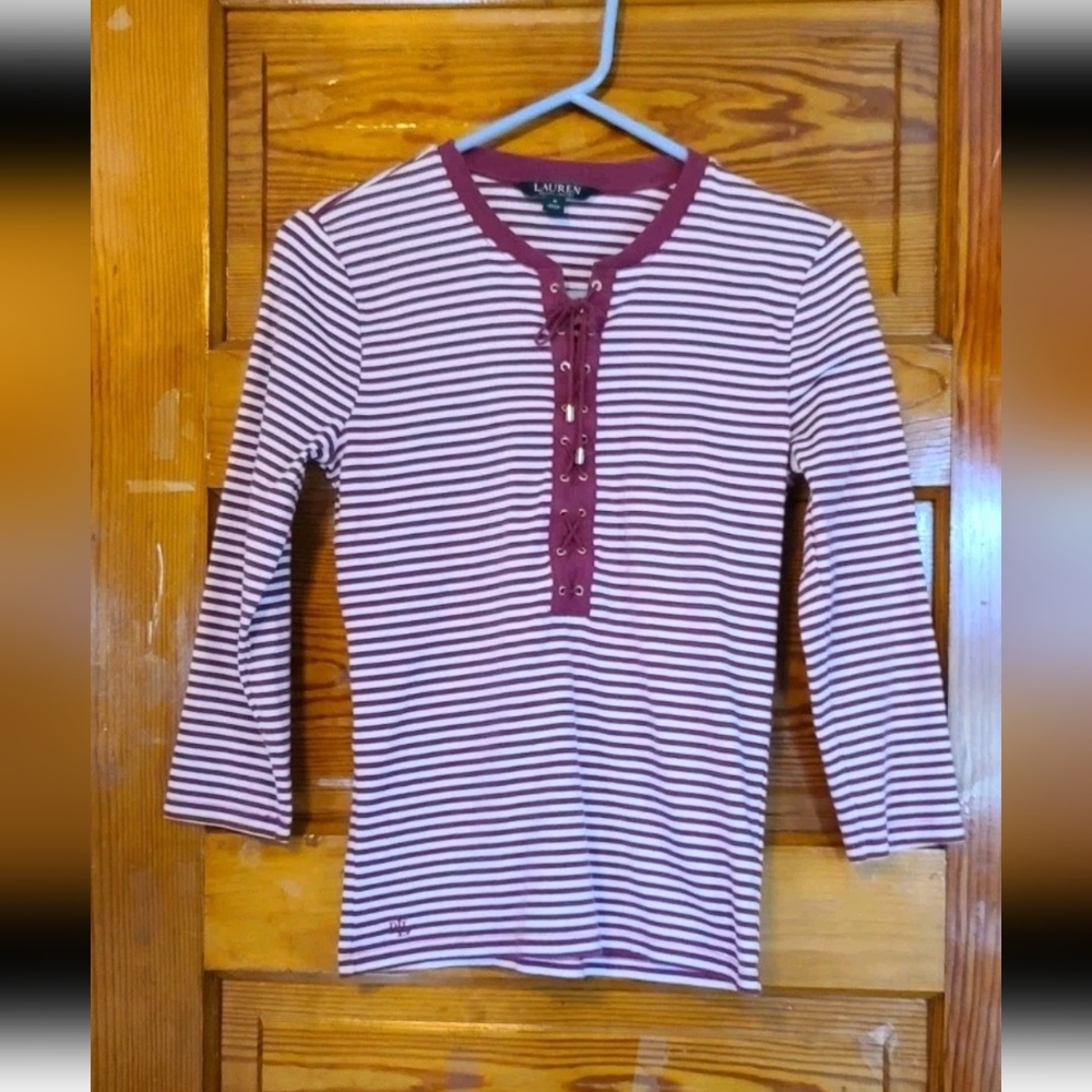 Lauren Ralph Lauren LaceUp Corset Henley White & Pink 3/4 Sleeves Sz M Y2K 2000s